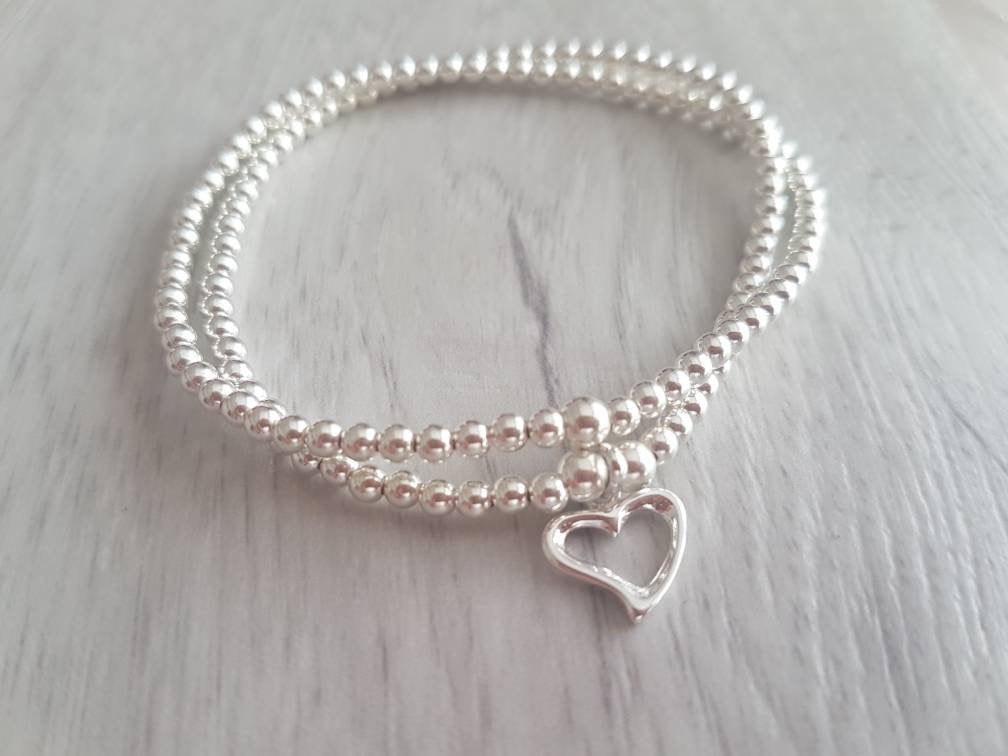 Sterling Silver Double Heart Beaded Stretch Bracelet With Love Jewellery UK