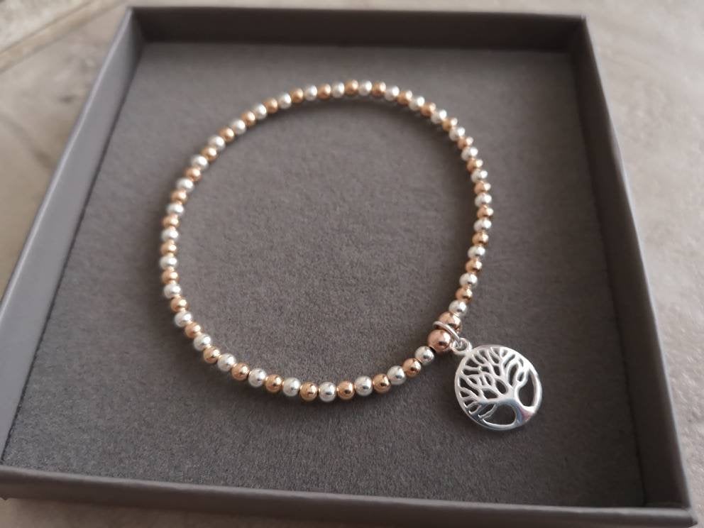 Sterling Silver & Rose Gold Tree of Life Bracelet With Love Jewellery UK