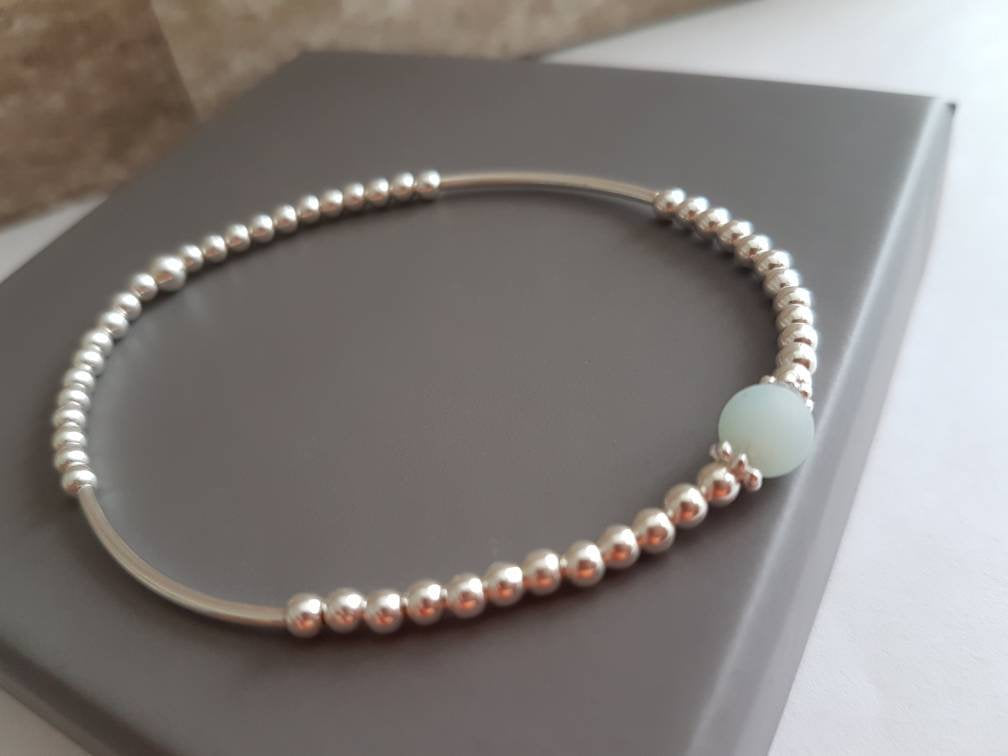 Sterling Silver Amazonite Stone Bracelet With Love Jewellery UK