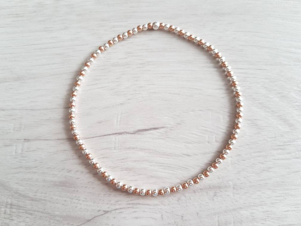 Rose Gold and Sterling Silver Beaded Stretch Anklet - With Love Jewellery UK