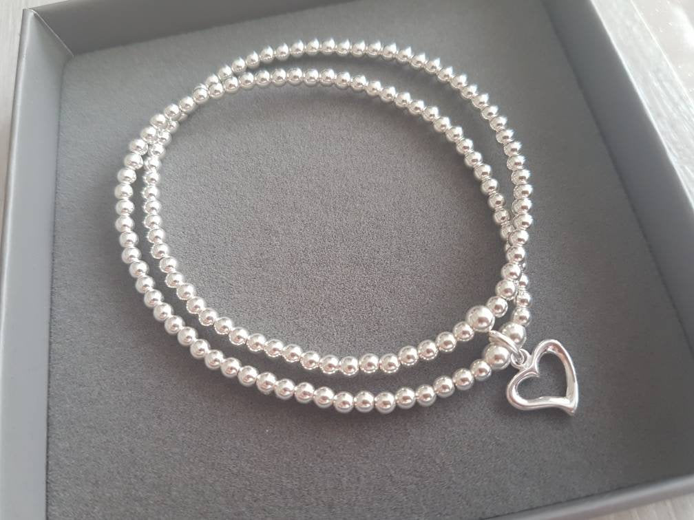 Sterling Silver Double Heart Beaded Stretch Bracelet With Love Jewellery UK