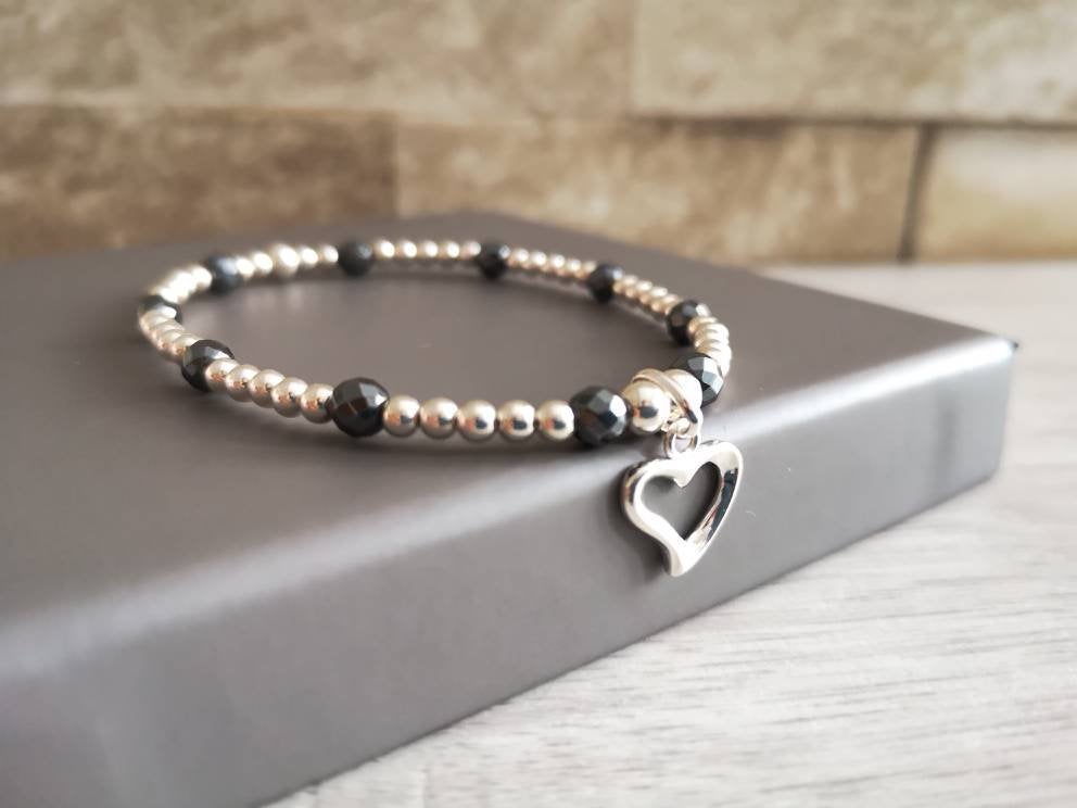 Sterling Silver and Hematite Heart Bracelet With Love Jewellery UK