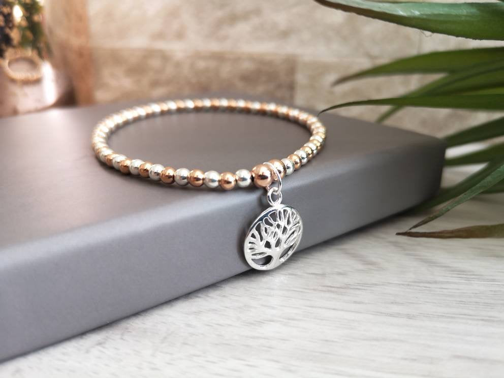 Sterling Silver & Rose Gold Tree of Life Bracelet With Love Jewellery UK