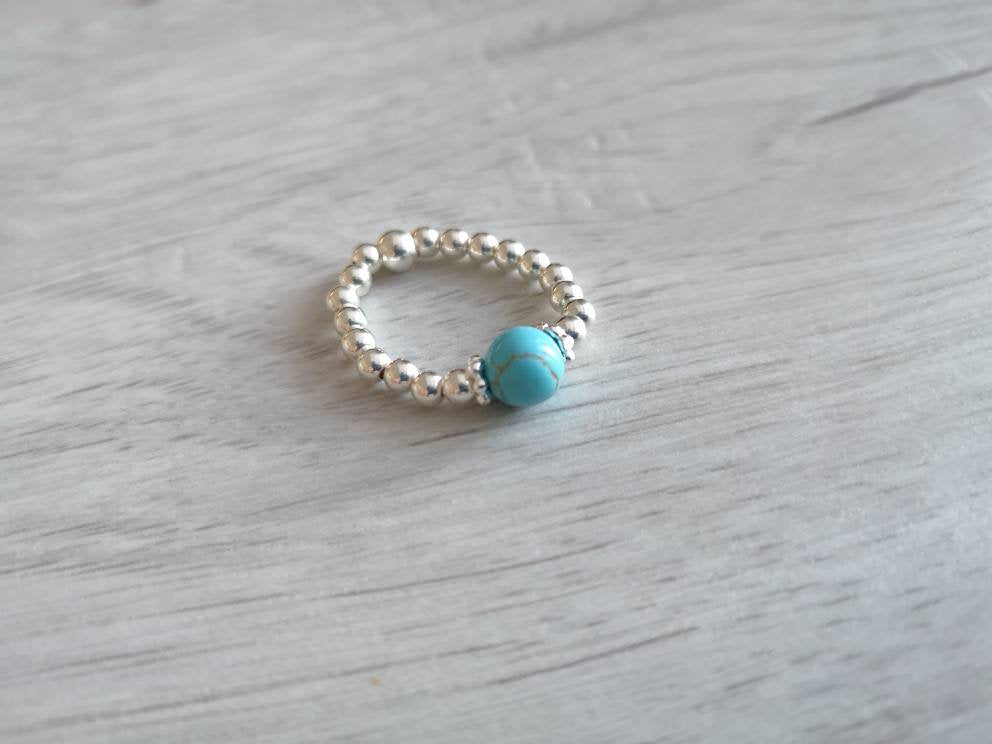 Turquoise and silver ladies stretch ring - With Love Jewellery UK