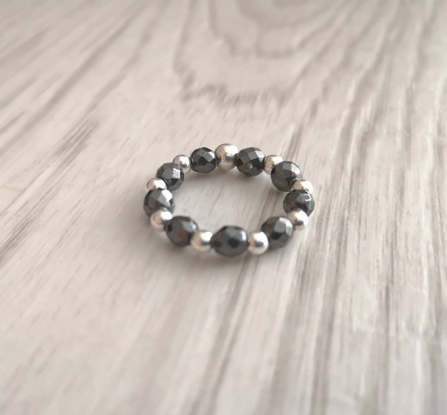 Sterling Silver and Hematite Stretch Ring With Love Jewellery UK