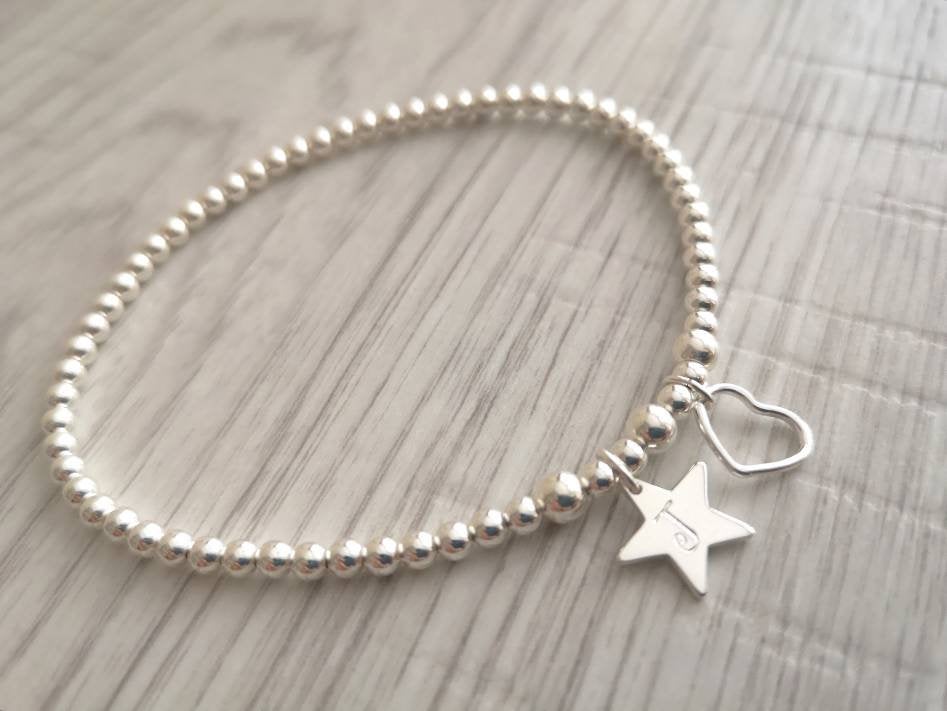 Personalised Initial Sterling Silver Star Bracelet With Love Jewellery UK