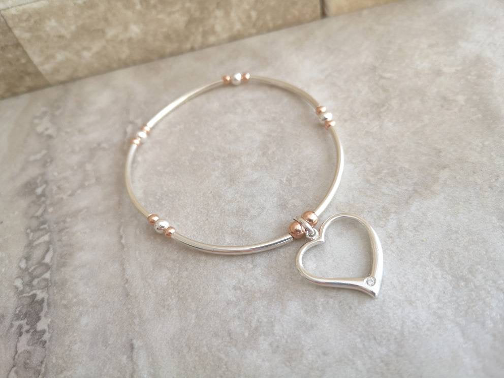 Sterling Silver Heart Beaded Noodle Stretch Bracelet - With Love Jewellery UK