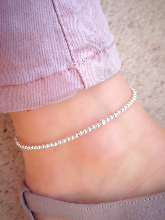 Silver Stretch Beaded Anklet With Love Jewellery UK