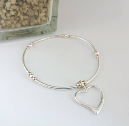 Sterling Silver Heart Beaded Noodle Stretch Bracelet With Love Jewellery UK