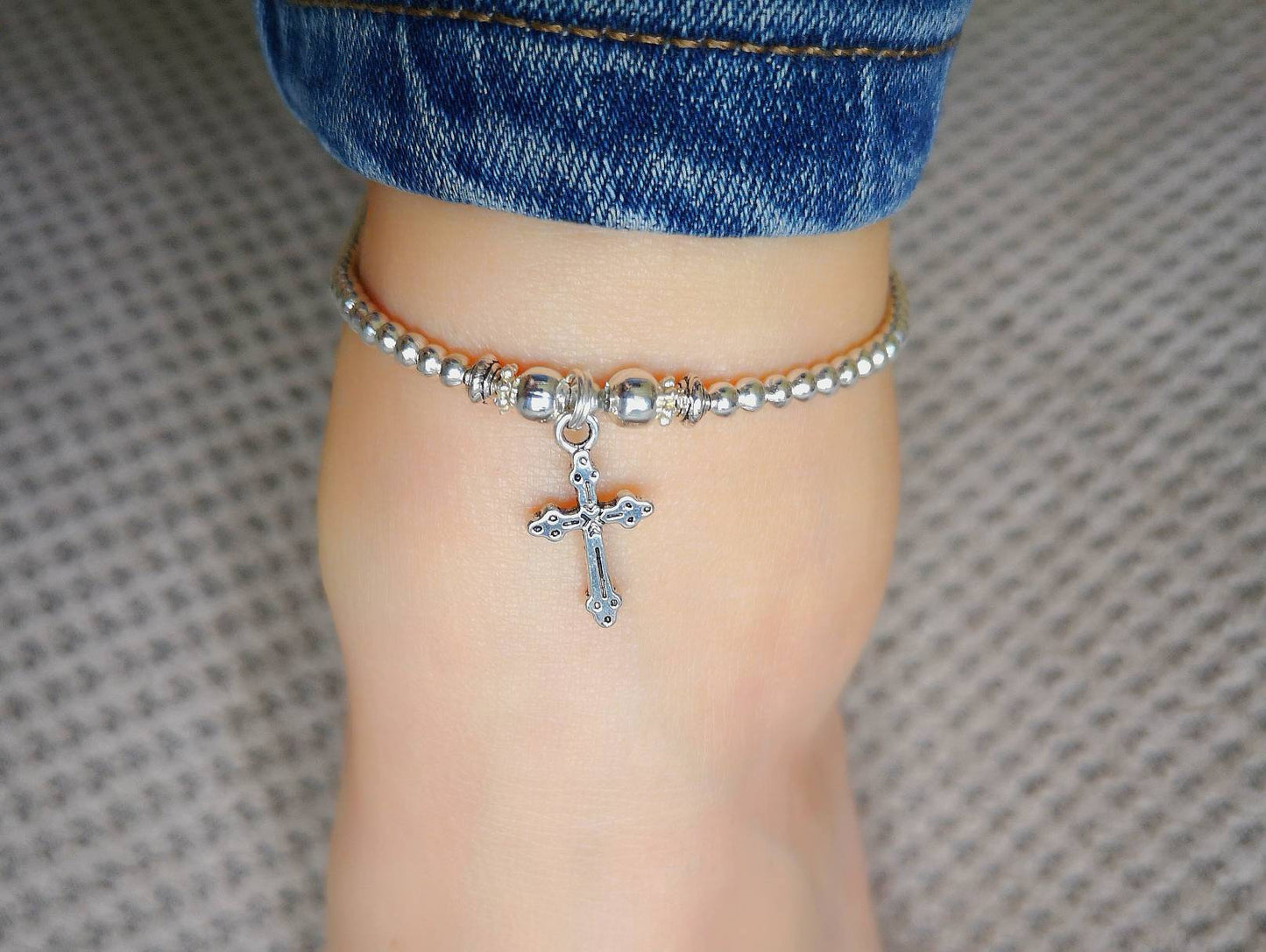 Silver Cross Stretch Anklet With Love Jewellery UK