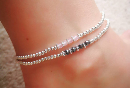 Rose Quartz/Hematite Beads Anklet With Love Jewellery UK