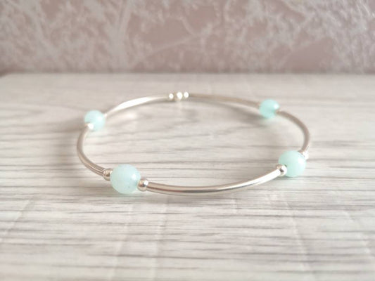 Aquamarine Amazonite and Sterling Silver Noodle Stretch Bracelet With Love Jewellery UK