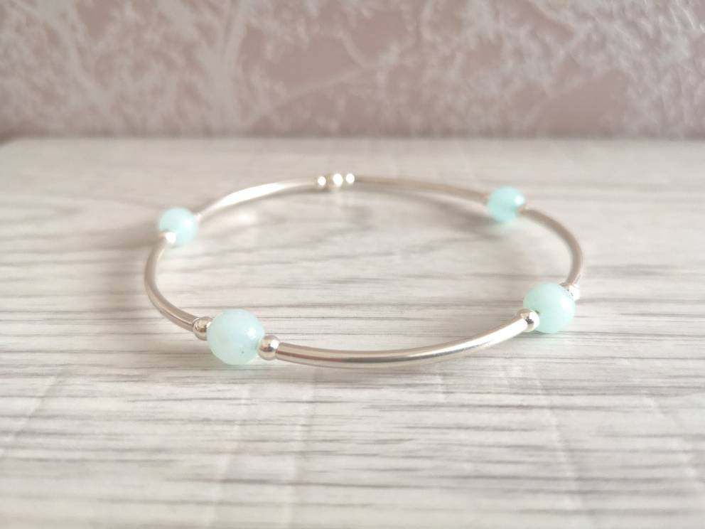Aquamarine Amazonite and Sterling Silver Noodle Stretch Bracelet - With Love Jewellery UK