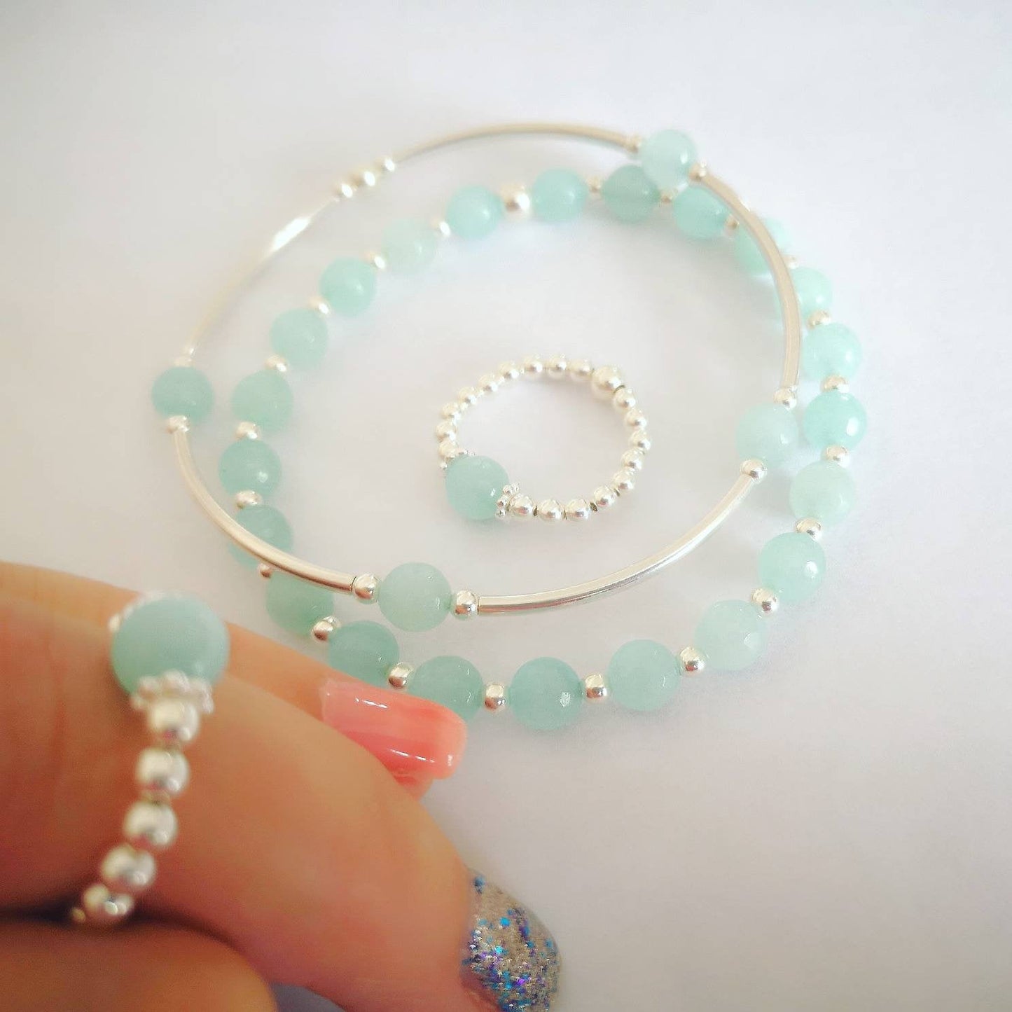 Aquamarine Amazonite and Sterling Silver Noodle Stretch Bracelet - With Love Jewellery UK