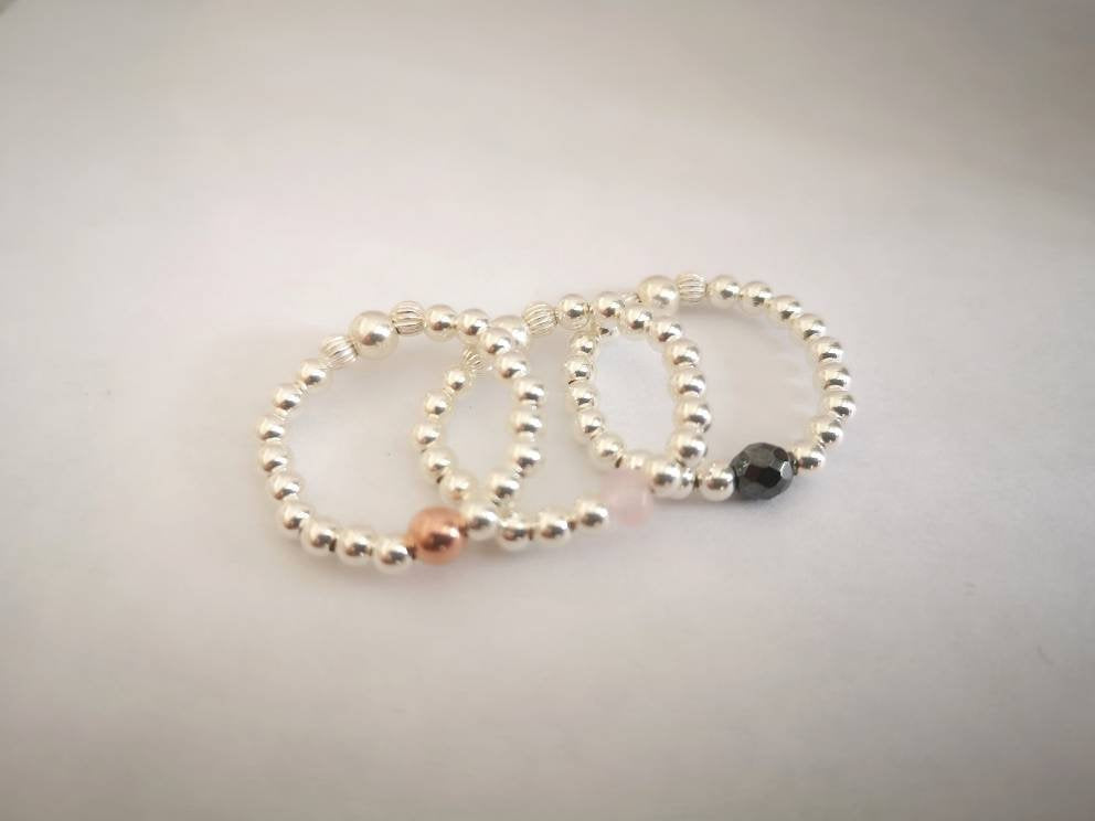 Sterling Silver Rose Quartz/Hematite or Rose Gold Vermeil Beaded Ring With Love Jewellery UK