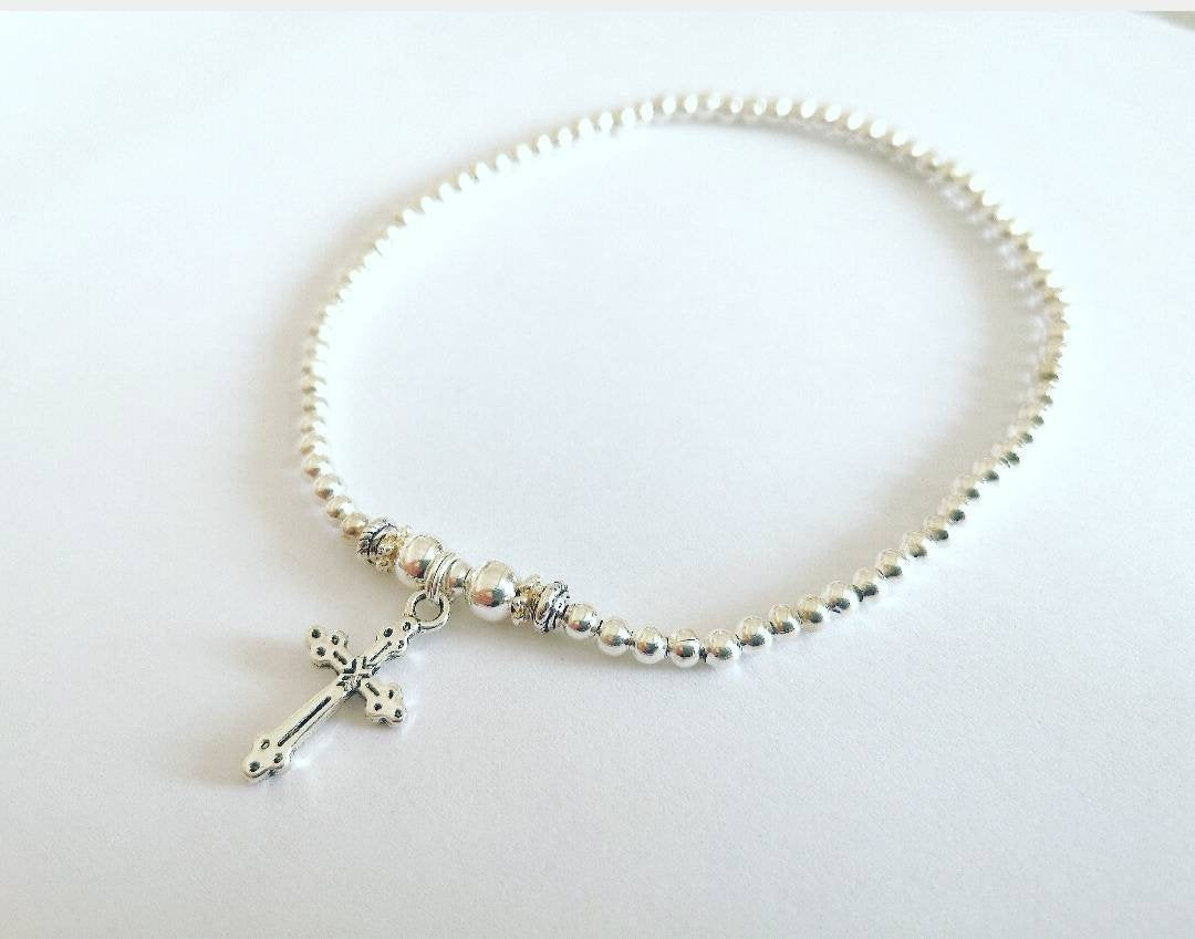 Silver Cross Stretch Anklet With Love Jewellery UK