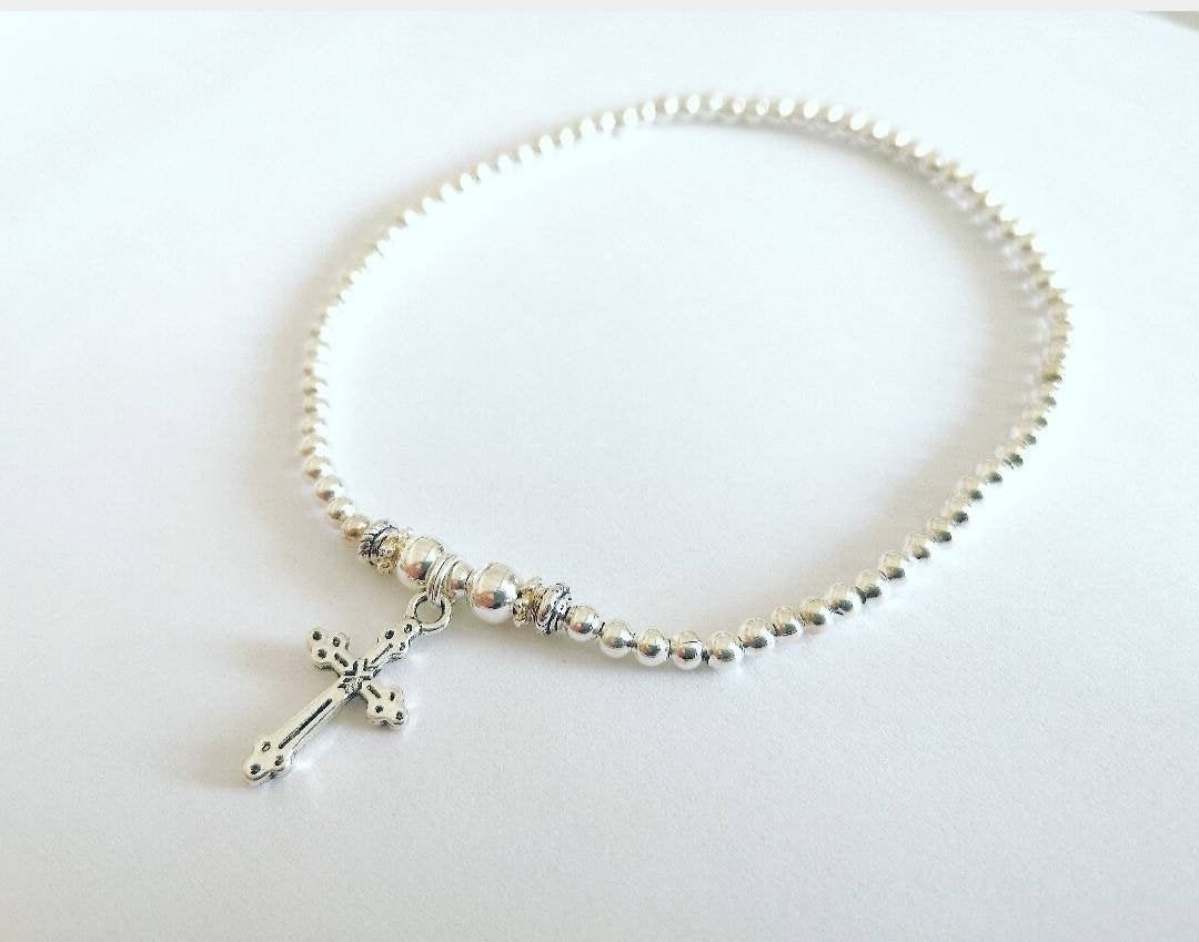 Silver Cross Stretch Anklet - With Love Jewellery UK