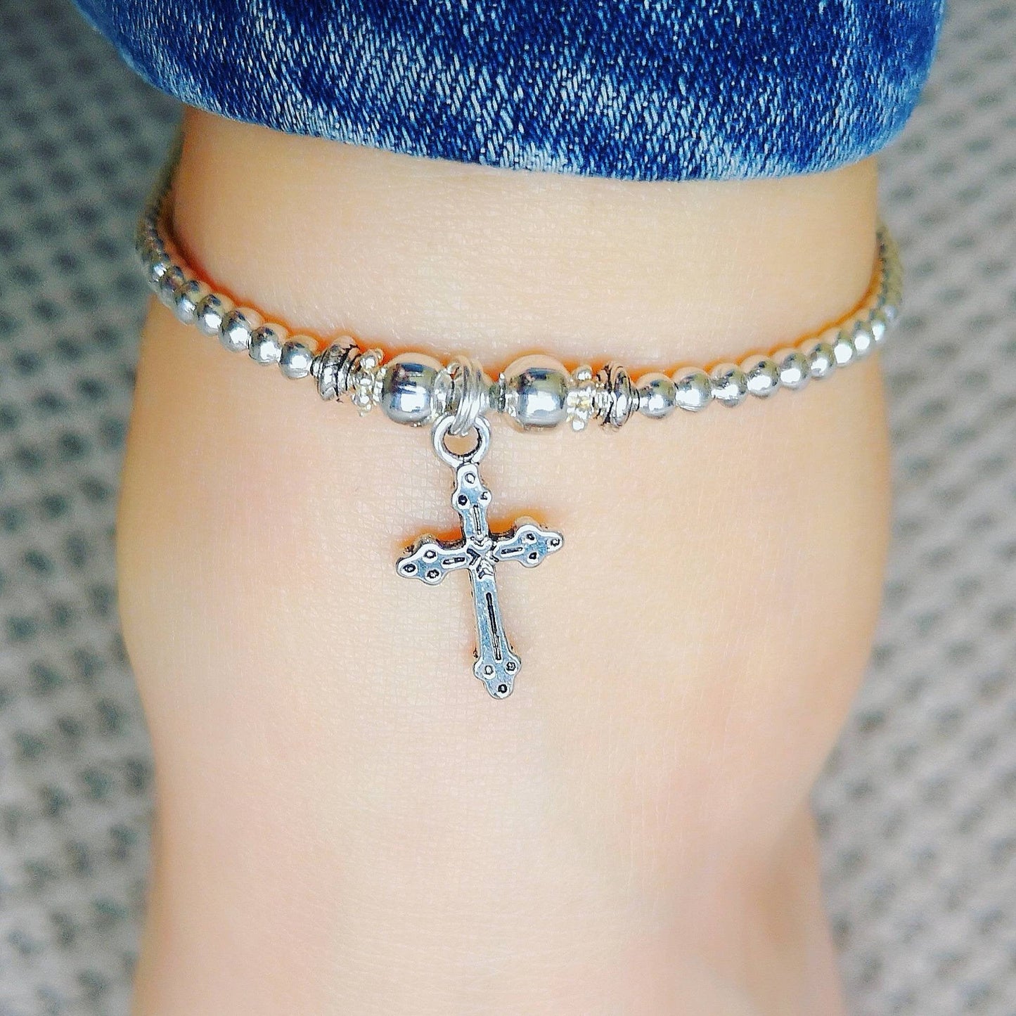 Silver Cross Stretch Anklet With Love Jewellery UK