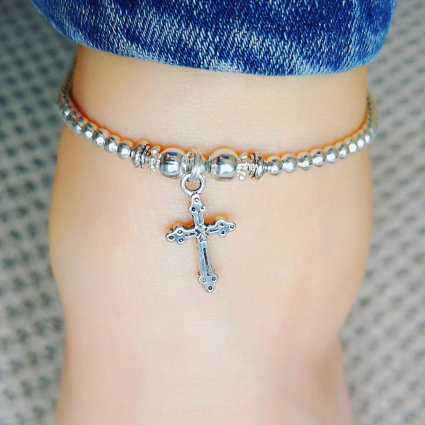 Silver Cross Stretch Anklet - With Love Jewellery UK