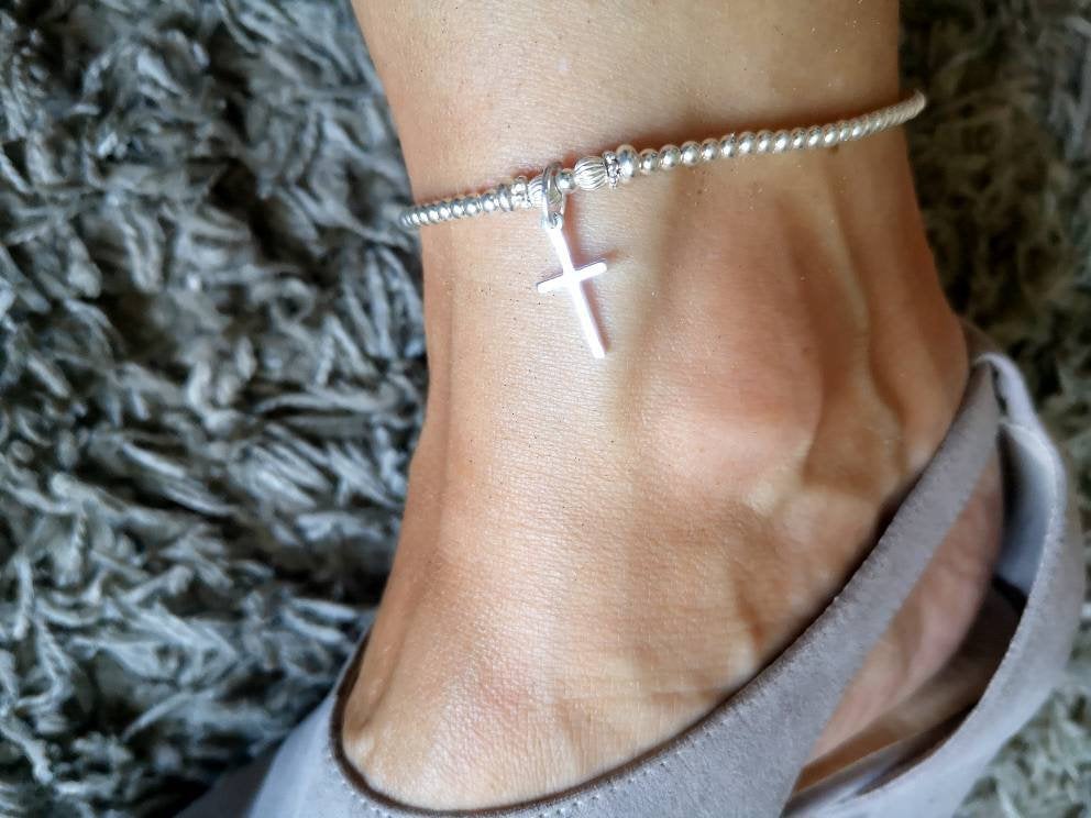 Sterling Silver Cross Anklet With Love Jewellery UK