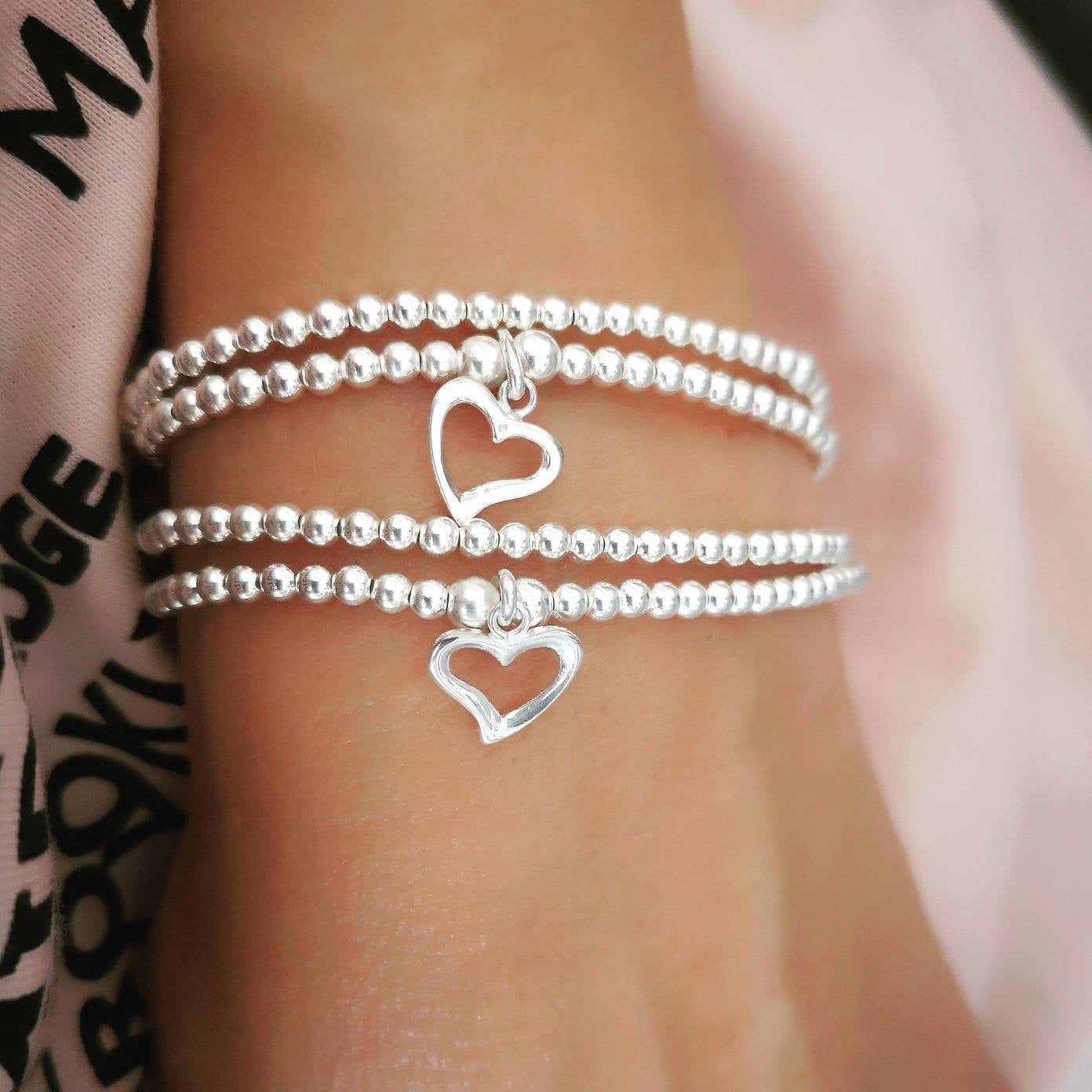 Sterling Silver Double Heart Beaded Stretch Bracelet With Love Jewellery UK