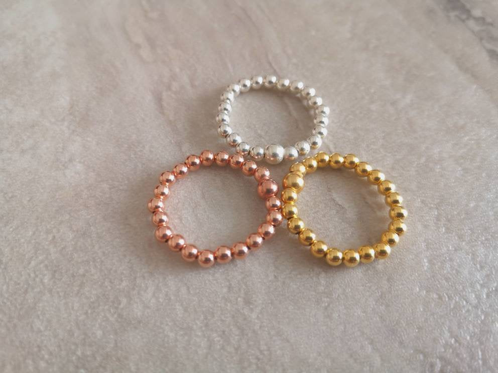 Beaded Stretch Ring (Sterling Silver, Gold Vermeil and Rose Gold Vermeil) With Love Jewellery UK