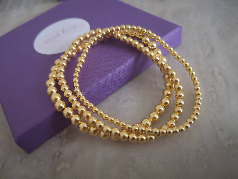 Gold Vermeil Beaded Stretch Bracelets With Love Jewellery UK