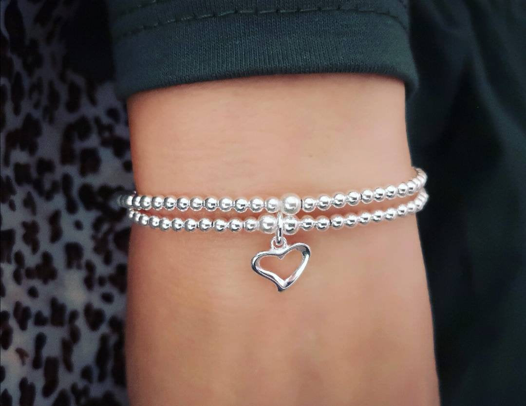 Sterling Silver Double Heart Beaded Stretch Bracelet With Love Jewellery UK