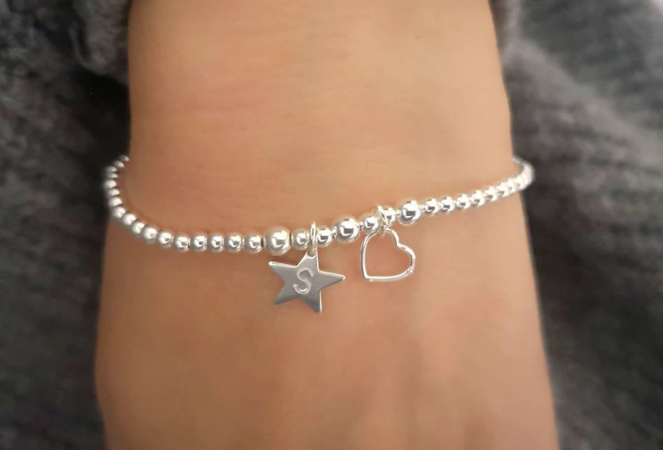 Personalised Initial Sterling Silver Star Bracelet With Love Jewellery UK