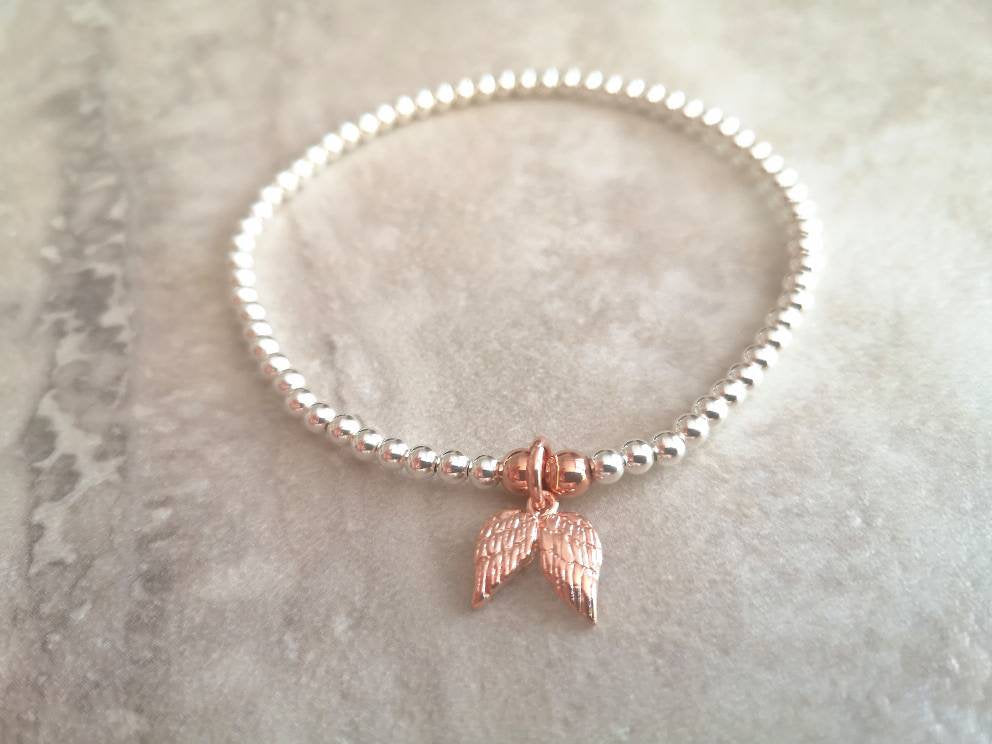 Sterling Silver and Rose Gold Vermeil Angel Wings Bracelet/Anklet With Love Jewellery UK