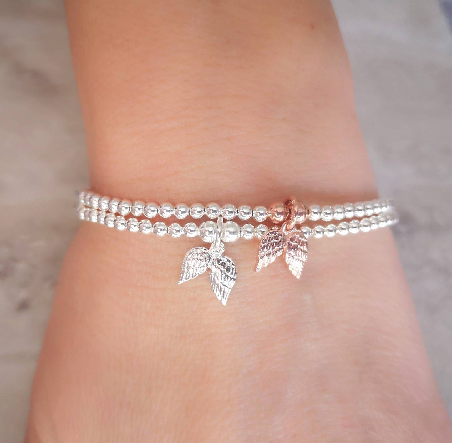 Sterling Silver and Rose Gold Vermeil Angel Wings Bracelet/Anklet With Love Jewellery UK