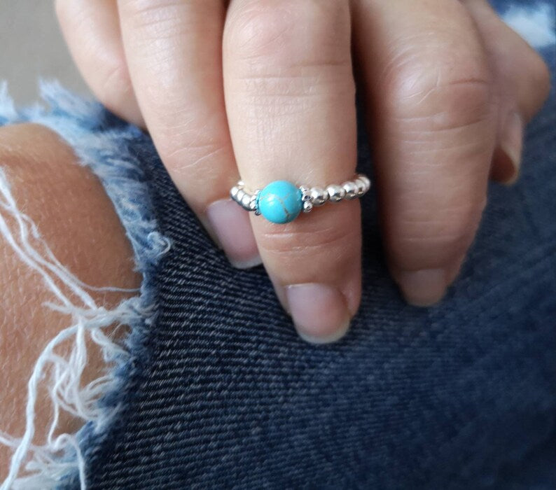 Sterling Silver & Turquoise Beaded Stretch Ring With Love Jewellery UK