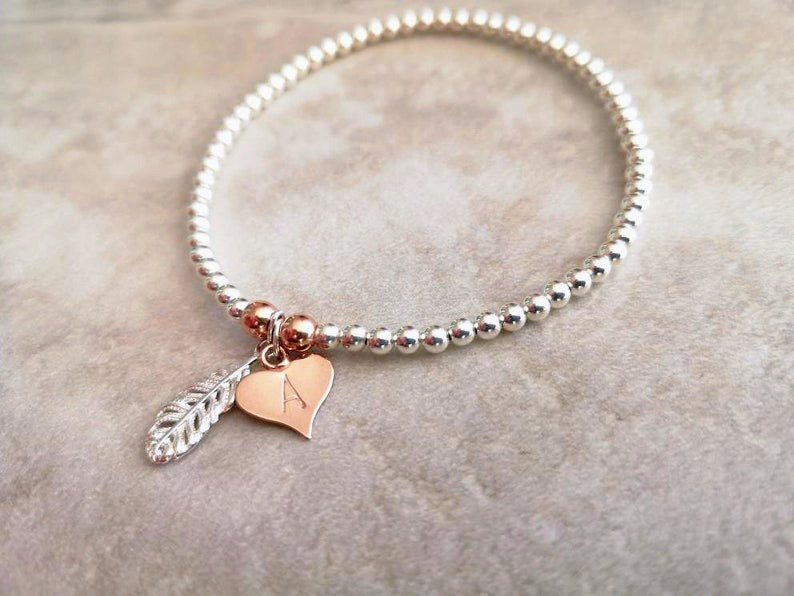 Personalised Sterling Silver Feather & Heart Bracelet With Love Jewellery UK