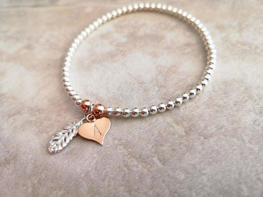 Personalised Sterling Silver Feather & Heart Bracelet With Love Jewellery UK