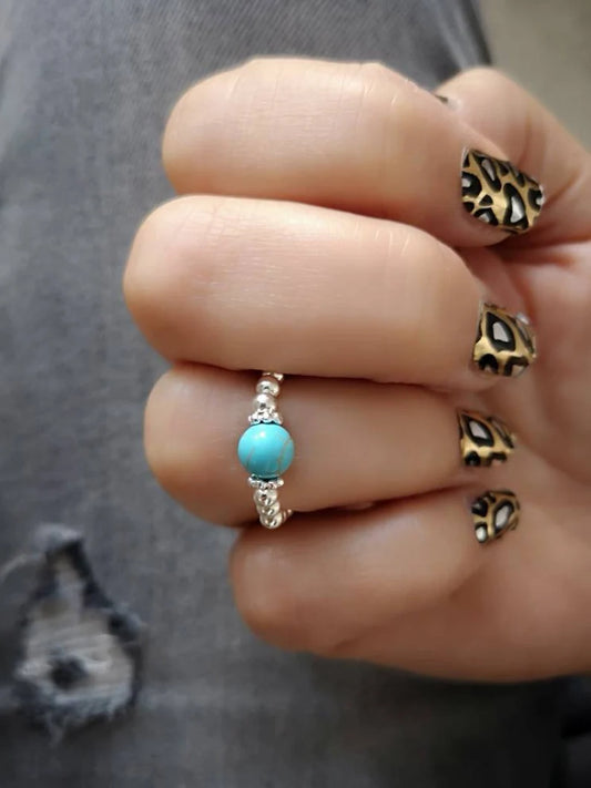 Sterling Silver & Turquoise Beaded Stretch Ring With Love Jewellery UK