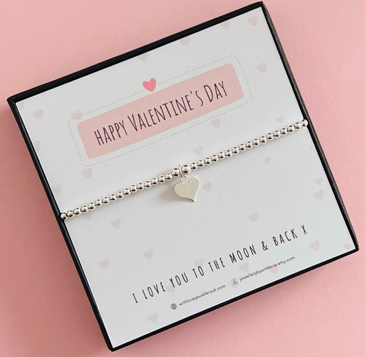 Happy Valentine’s Day Sterling Silver Love Heart Bracelet With Love Jewellery UK