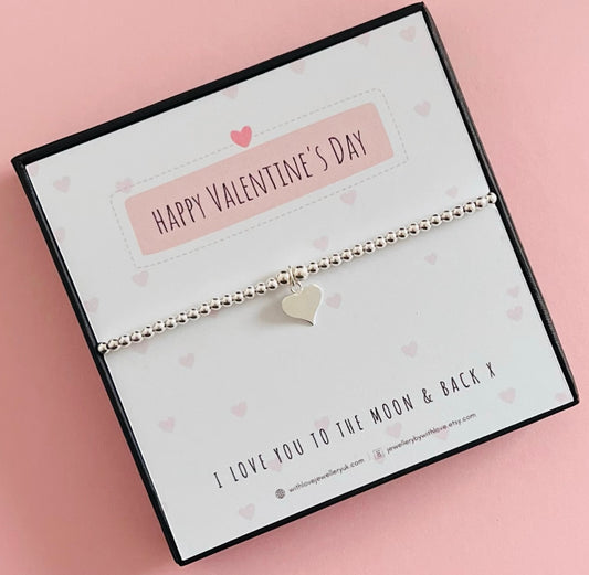 Happy Valentine’s Day Sterling Silver Love Heart Bracelet | FREE Personalised Message Card