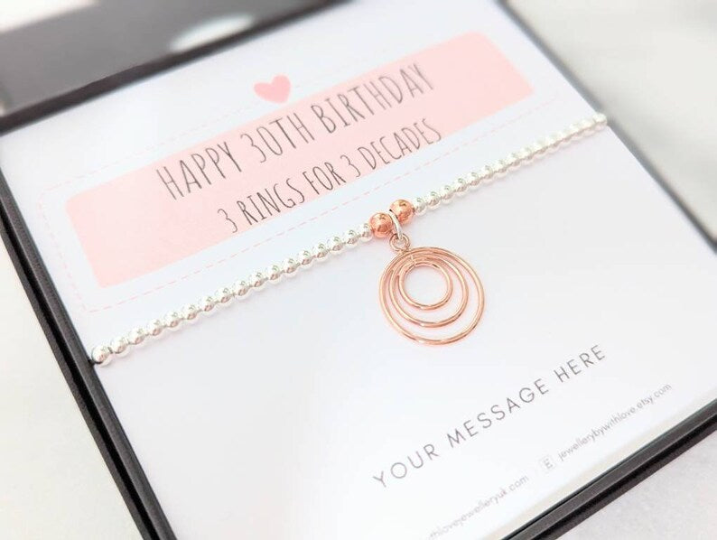Sterling Silver & Rose Gold 30th Birthday Bracelet | FREE Personalised Message Card