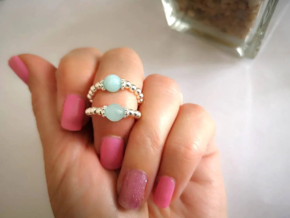 Amazonite & Silver Stretch Ring With Love Jewellery UK