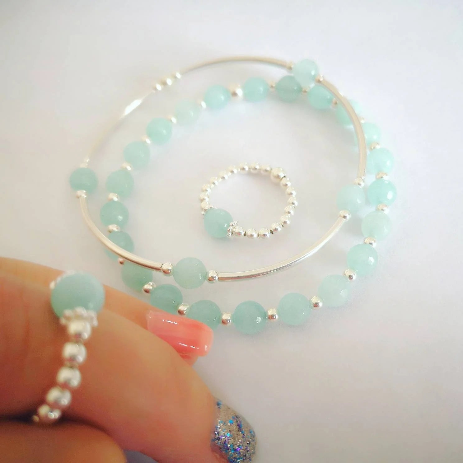 Amazonite & Silver Stretch Ring With Love Jewellery UK