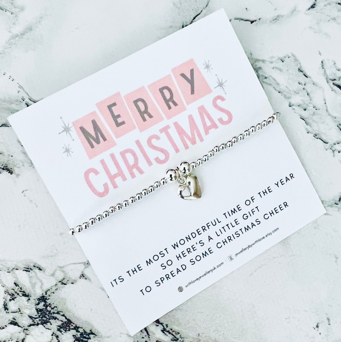 Merry Christmas Silver Beaded Bracelet Card - Free Personalised Message