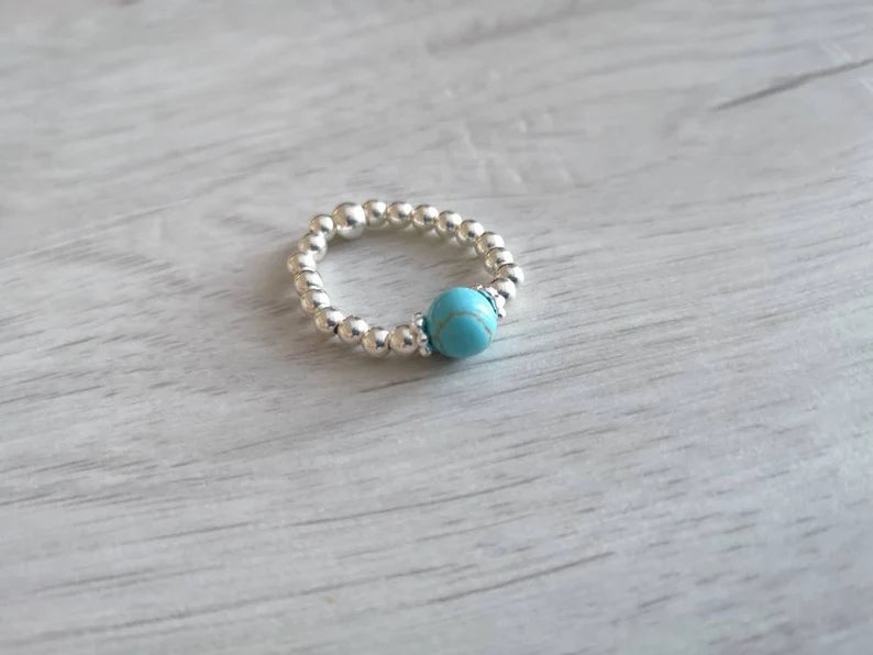 Sterling Silver & Turquoise Beaded Stretch Ring With Love Jewellery UK