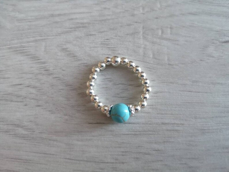 Sterling Silver & Turquoise Beaded Stretch Ring With Love Jewellery UK